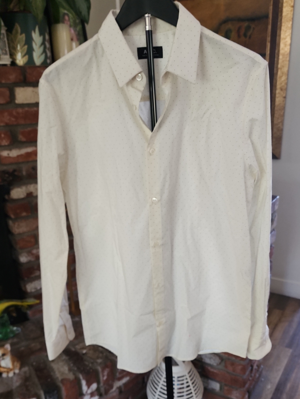 A.P.C. Cream Cotton Button-Up Shirt Subtle Dot Print Long Sleeve Women's Size S